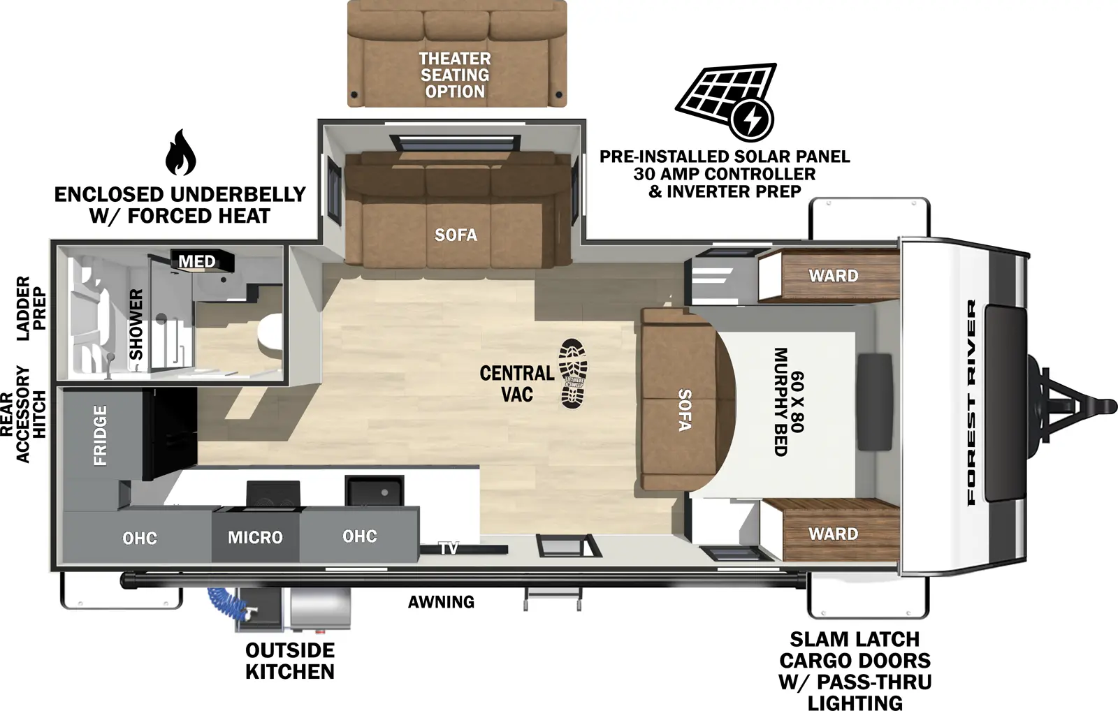 The Ibex 20MRK floorplan has one entry and one slide out. Exterior features include: fiberglass exterior, 14' awning and outside kitchen. Interiors features include: murphy bed.